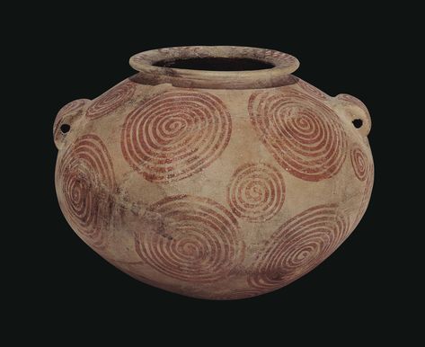 AN EGYPTIAN POTTERY JAR  PREDYNASTIC PERIOD, NAQADA II, CIRCA 3400-3300 B.C.  Globular in form with twin perforated lugs on the shoulders, the flat everted rim with crosshatching, the body decorated with spirals in various sizes 6 5/8 in. (16.8 cm.) high Egyptian Pottery, Pottery Jars, Coil Pottery, A Level Textiles, Ceramic Crafts, Ancient Africa, Coil Pots, Pottery Pots, Land Before Time