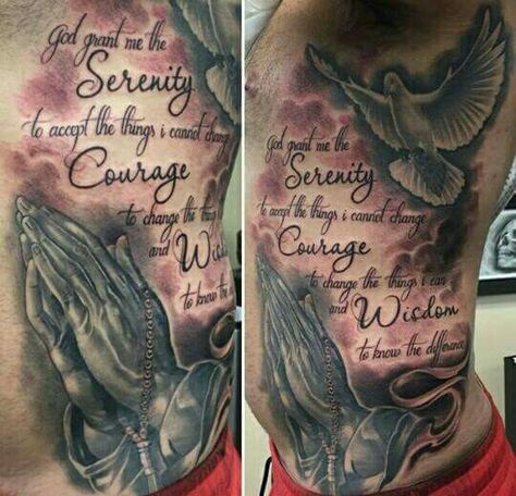 Serenity Prayer God Grant Me The Serenity Tattoo, Men Stomach Tattoos Ideas, Grant Me The Serenity Tattoo, Mens Stomach Tattoo, Serenity Prayer Tattoo Design, Serenity Prayer Tattoo, Serenity Tattoo, Calf Sleeve Tattoo, Praying Hands Tattoo Design