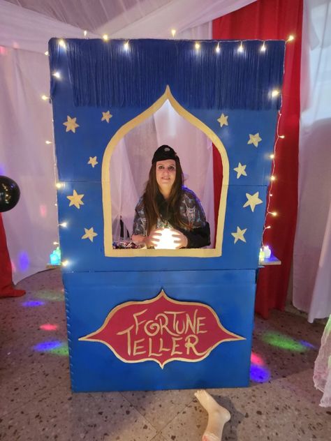 Diy fortune teller halloween stand that I made out of boxes. Kids loved it. Fortune Teller Halloween Party, Fortune Teller Props Diy, Fortune Teller Trunk Or Treat, Fortune Teller Booth Diy, Fortune Teller Booth Ideas, Carnival Fortune Teller Booth, Halloween Fortune Teller Booth, Diy Fortune Teller, Fortune Teller Wagon