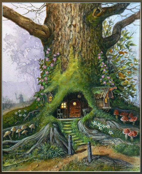 Lotr Art, Tree Home, Fairy Artwork, Cottage Art, Ap Art, Aesthetic Painting, Ethereal Art, Fairy Land, Green Aesthetic