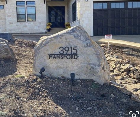 Boulder House Number, Curb Appeal Driveway Entrance, Stone Address Marker Rocks, Rock Wall Driveway Entrance, Boulder Address Sign, Address Rock Landscaping, House Number On Rock Ideas, Address Rocks Front Yards, Driveway House Number Ideas