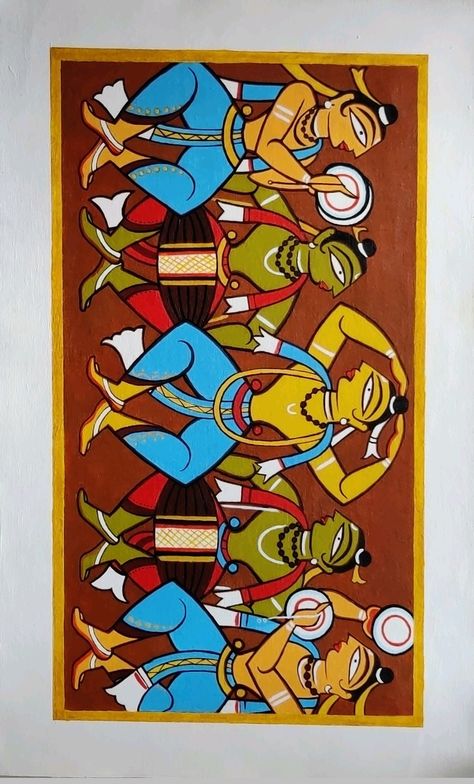 Traditional Indian Paintings On Canvas, South Indian Folk Art, Bengal Folk Art Painting, Patachitra Paintings Folk, Phad Art Paintings, Kalighat Paintings Folk, Pattachitra Paintings Design, Jamini Roy Paintings Folk Art, Indian Crafts Traditional