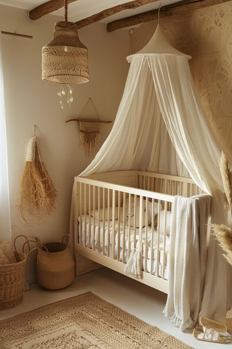 Boho nurseries feature a blend of eclectic patterns, vibrant hues, and rich textures, offering playful and creative decor. Click here for more inspiration. Crib With Canopy, Canopy Over Crib, Boho Nursery Ideas, Canopy Crib, Yellow Accent Walls, Wood Crib, Wooden Cribs, Nursery Canopy, Green Accent Walls