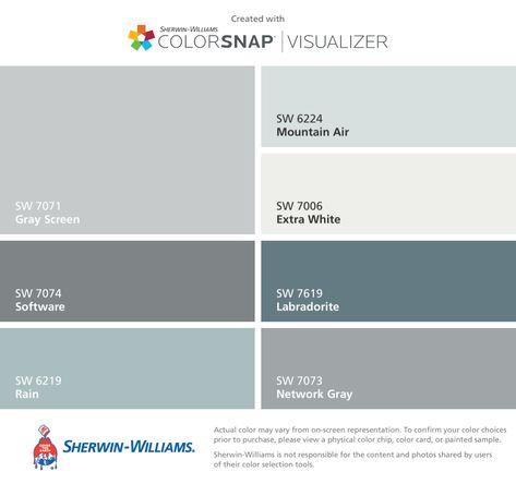 This is the color palette for our new house. Main living areas and Jerry's office will be Gray Screen. The kitchen island cabinets and the built-ins in the great room will be Software. Our bedroom will be Rain. The master bath will be Gray Screen and the cabinets will be painted Network Gray. The guest room and my office will be Mountain Air. All the trim will be Extra White. And finally, the powder bath will be Labradorite. Kitchen Gray Countertops, Gray Master Bath, Trendy Kitchen Cabinets, Gray Countertops, Kitchen Cabinets Painted, Anew Gray, Kitchen Gray, Porch Paint, Cabinets Painted