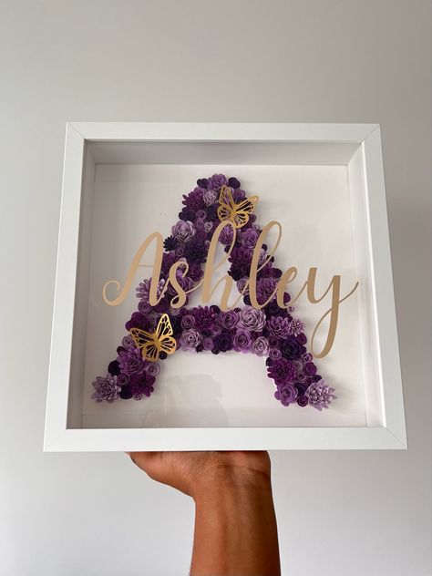 Shadow box with initial, shadow box with letter, shadow box, personalised gift, cricut made, cricut, handmade, small business 3d Flower Shadow Box Ideas, Diy Initial Decor, Shadow Box Flowers, Large Paper Flowers Diy, Flower Initial, Personalized Shadow Box, Shadow Box Gifts, Box Frame Art, Letter Flower