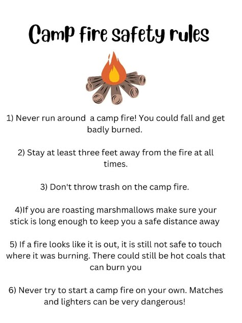 Camping Unit Study, Girl Scout Camping Activities, Campfire Safety, Scout Camping Activities, Camping Dramatic Play, Fire Safety Rules, Camping Week, Safety Rules For Kids, Camping Theme Preschool