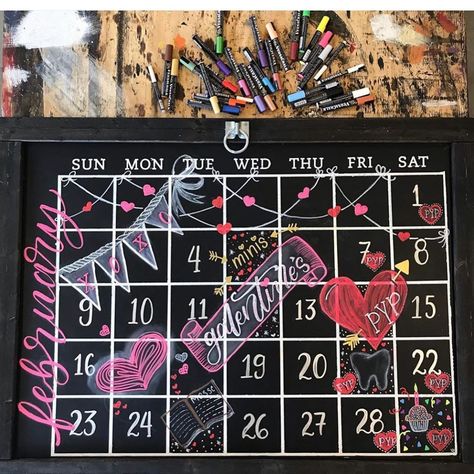 Yolanda Olavarrieta on Instagram: “February calendar  for @boardandbrushbloomingtonin  #boardandbrush #chalkboard #chalkboardsigns #chalkboardart #versachalk…” February Chalkboard Ideas Calendar, February Chalkboard Calendar, February Chalkboard Art, February Chalkboard, Valentines Calendar, Valentine Calendar, Chalkboard Calendar, February Calendar, Board And Brush