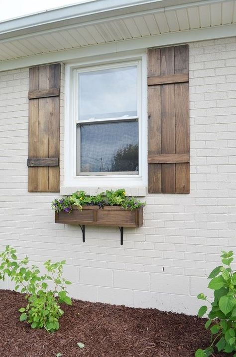 Easy Curb Appeal Ideas, White Brick House, Diy Shutters, Board And Batten Shutters, Old Shutters, Wooden Shutters, Casa Exterior, Wood Shutters, Window Shutters