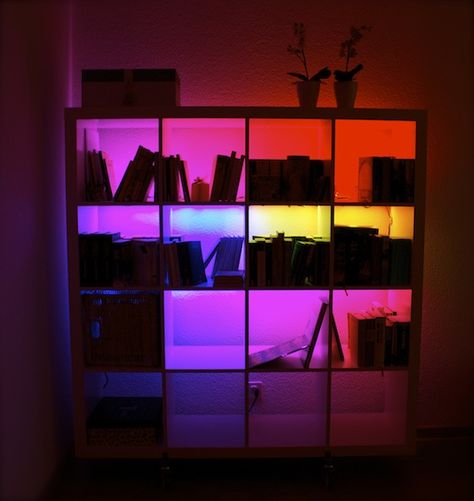 ExpeditInvaders LED lighting hack Expedit Hack, Lighting Hacks, Ikea Expedit, Led Bathroom Lights, Ikea Shelves, Ikea Hackers, Shelf Lighting, Color Changing Lights, Diy Bathroom Decor