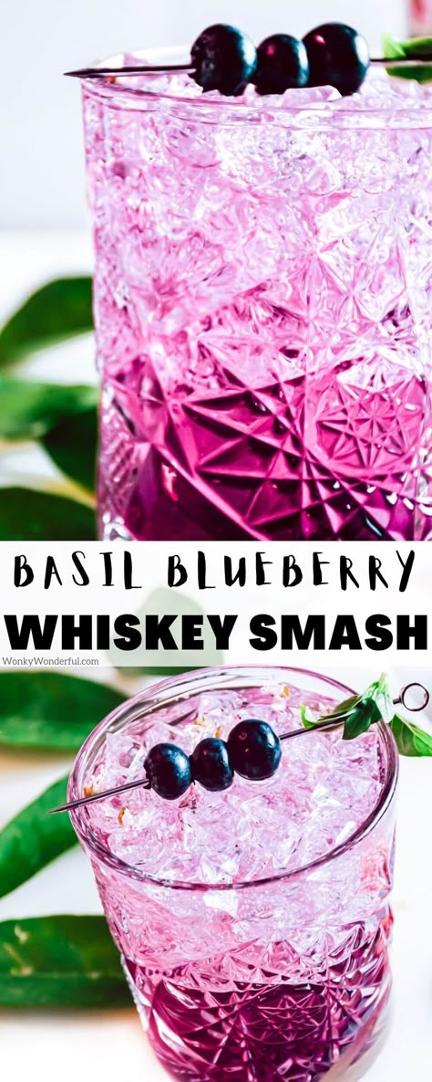 A Basil Blueberry Whiskey Smash Recipe is a refreshing drink perfect for enjoying on a warm summer evening. The fantastic flavors of whiskey, basil and blueberry come together in this gorgeous cocktail. #cocktailrecipes #whiskeyrecipes Whiskey Smash Recipe, Blueberry Drinks, Blueberry Cocktail, Whiskey Smash, Bourbon Smash, Liquor Drinks, Bourbon Cocktails, Whiskey Drinks, Vodka Drinks