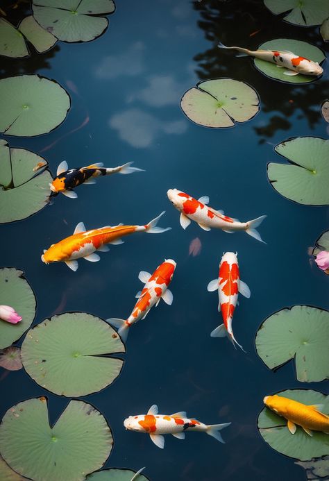 Colorful Koi Fish Swimming In A Vibrant Pond With Lotus Flowers And Lily Pads#pikbest##Photo Lotus Close Up, Koi Pond Photography, Koi Fish Pond Photography, Koi Fish Reference Photo, Koi Fish Lily Pads, Koi Fish Photo, Koi Fish Photography, Koi Colors, Gouache Reference