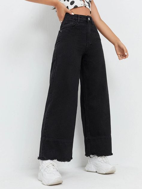 High Waist Wide Leg Jeans | SHEIN USA Black Wide Leg Jeans Outfit, Jeans Top Design, Jean Zara, Black Wide Leg Jeans, Straight Leg Jeans Outfits, Wide Leg Jeans Outfit, Outfits Con Jeans, High Waist Wide Leg Jeans, Oversized Jeans