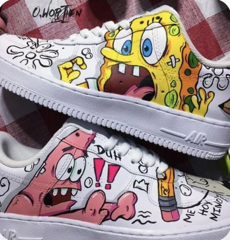 Spongebob Custom Shoes, Spongebob Air Force 1, Sneakers Custom Ideas, Airforce Custom Ideas, Shoe Customization Ideas, Custom Shoes Ideas, Custom Sneakers Ideas, Custom Air Force 1 Ideas, Air Force Ones Custom