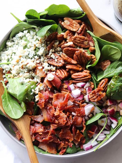 It's a big deal when the salad steals the show, and this is one of those times! This Bacon, Blue Cheese and Pecan Spinach Salad is a really delicious, crowd pleasing gluten free appetizer or side dish, tossed with a simple homemade balsamic vinaigrette dressing. It's easy enough for a weeknight salad to enjoy with dinner, but fancy enough for entertaining guests. The best part, though, is that is comes together super quickly! #cookathomemom #salad #healthysalad #bacon Recipes Using Blue Cheese, Salad Recipes Bacon, Weeknight Salad, Recipes Sandwiches, Homemade Balsamic Vinaigrette, Broccoli Salad Bacon, Blue Cheese Salad, Balsamic Vinaigrette Dressing, Side Salad Recipes