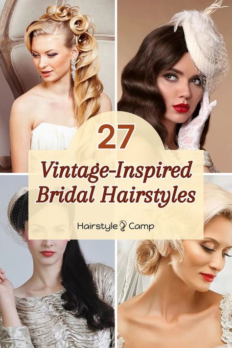 Vintage Wedding Hairstyles 1920s Wedding Hairstyles, Retro Bridesmaid Hair, Old Hollywood Long Hairstyles, Vintage Hollywood Waves Hair, Retro Bride Hairstyles, Pinup Wedding Hairstyles, Vintage Wedding Updo, Hollywood Glam Hair Wedding, Old Hollywood Curls Wedding