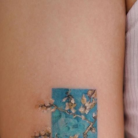 Seulki Park on Instagram: "Part of “Almond Blossom” by Vincent van Gogh👨‍🎨🎨 @vismstudio @abii_tattoo  🇺🇸📧 abii@vismstudio.com  #almondblossom #vincentvangogh #vangoghtattoo #almondblossomtattoo #paintingtattoo #losangelestattoo #latattooartist" Almond Blossoms Tattoo, Tattoo Ideas Van Gogh, Van Gogh Style Tattoo, Minimalist Van Gogh Tattoo, Van Gogh Almond Blossom Tattoo, Blossoms Tattoo, Almond Blossom Van Gogh, Van Gogh Tattoo, Gogh Paintings