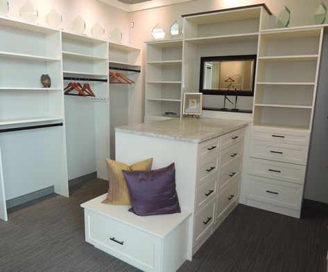 Peninsulas Walk In Custom Closets #ClosetsPlus #Minnesota #Bruce Master Closet Design Walk In With Island, Closet With Peninsula, Island In Master Closet, Master Closet Peninsula, House Goals Interior, Hitchcock Aesthetic, Walk In Closet Center Island, Closet Peninsula, Master Closet Island