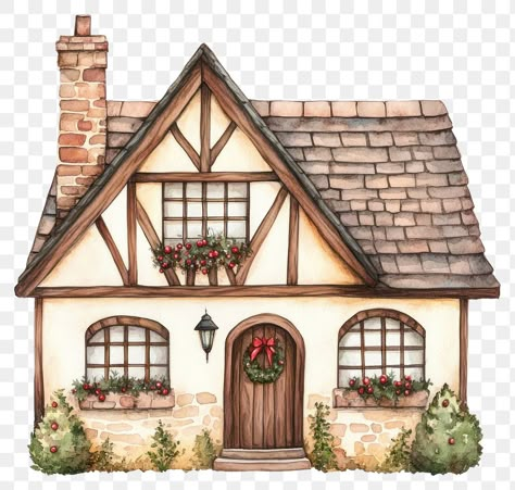 Christmas House Watercolor, Watercolour House Painting, English Cottage House, Aesthetic Pngs, Pngs Transparent, Watercolor House Painting, Christmas Stock Photos, Christmas 2025, Png Elements