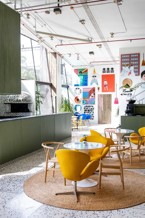 Chim Chim is a Bold New Bangkok Spot — Design Anthology Brunch Interior Design, Mid Century Cafe, Soft Industrial Decor, Eames Plywood Chair, Rooftop Bar Design, Estilo Kitsch, Colorful Cafe, Exposed Ceilings, Design Anthology