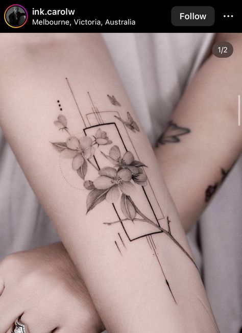 Flower Square Tattoo, Geometric Tattoo With Flowers, Concept Tattoo Design Arm, Geometric Tattoo On Leg, Flowers Coming Out Of Head Tattoo, Forearm Ornamental Tattoo, Linear Flower Tattoo, Geometric Landscape Tattoo, Philosophical Tattoos