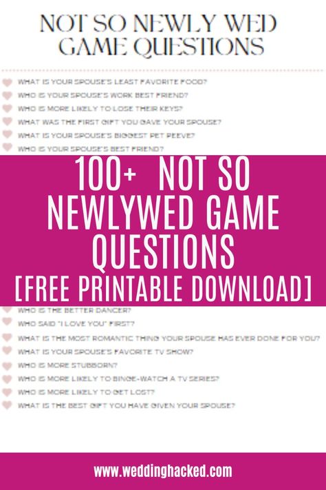 100+ Funny, Sweet, And Thoughtful Questions For A Not So Newlywed Game Party. Free Printable Download! Couples Banquet Games, Not So Newly Wed Game Questions, Wedding Shower Question Game, Funny Newlywed Game Questions, Anniversary Questions Game, Wedding Shower Games For Couples Activities Party Ideas, Marriage Conference Games, Marriage Ministry Games, Newlywed Game Questions 50th Anniversary