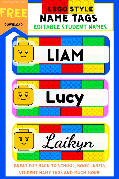 This FREE digital download comes with 3 vibrant coloured lego style name tags that are sure to catch your students eyes! They are perfect for back to school creations while brightening up your classroom! I have included PowerPoint versions for you to easily customise student names on the name tags and have made them FREE as I know it can be hard sometimes to find products to match a theme or idea without having to break the bank :) ENJOY, Feedback of this product would be GREATLY appreciated! Lego Name Tags Free Printable, Lego Themed Classroom Ideas, Lego Name Tags, Lego Back To School, Lego School Theme, Lego Teacher, Lego School, Lego Classroom Theme, Lego Classroom