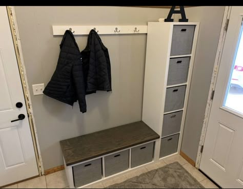 Kallax Hallway Storage, Kallax Hallway, Kallax Wardrobe, Back Entrance Ideas, Front Hall Ideas, Kids Storage Ideas, Small Mudroom, Small Space Storage Solutions, Front Closet