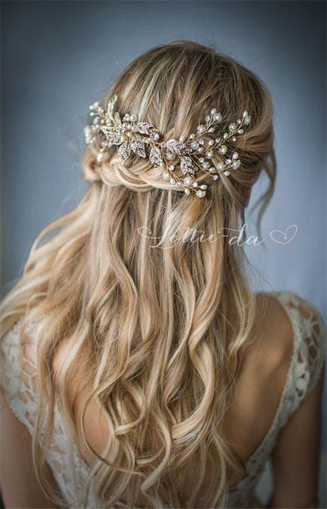 half up half down wedding hairstyle with accessories via LottieDaDesigns Boho Bridesmaid Hair, Boho Bridal Headpiece, Wedding Hairstyles And Makeup, Bridesmaid Hair Comb, Gold Hair Vine, Boho Headpiece, Vine Wedding, Vintage Wedding Hair, Best Wedding Hairstyles