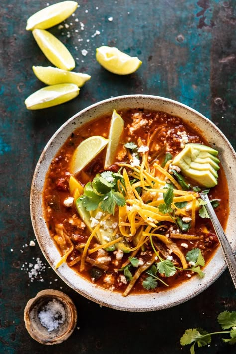 Crockpot Spicy Vegetarian Tortilla Soup with Quinoa | halfbakedharvest.com #crockpot #slowcooker #easyrecipes #healthyrecipes #healthyjanuary #mexican #soup Half Baked Harvest Vegetarian, Easy Tortilla Soup Recipe, Soup With Quinoa, Vegetarian Tortilla Soup, Tortilla Soup Easy, Quinoa Soup, Vegetarian Crockpot Recipes, Tortilla Soup Recipe, Mexican Soup