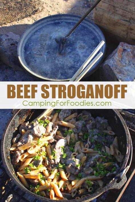 Dutch Oven Beef Stroganoff Camping Recipe Dutch Oven Beef Stroganoff, Oven Beef Stroganoff, Pioneer Recipes, Dutch Oven Beef, Campfire Meals, Camp Meals, Dutch Oven Camping Recipes, Cooking With Charcoal, Campfire Recipes