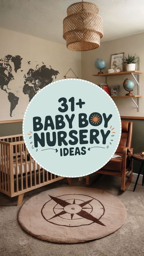 A travel-themed baby boy nursery featuring a compass rug, globe accents, and a world map wall decal for little explorers. Nursery Travel Theme, Nursery Rugs Boy, Boys Nursery Ideas, Explorer Nursery, Adventure Theme Nursery, Baby Boy Nursery Ideas, Nursery Idea, Boy Nursery Themes, Baby Boy Nursery Themes