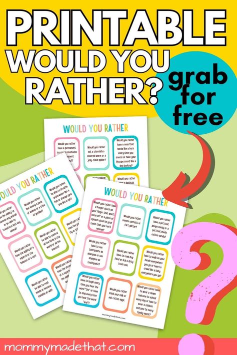 Would You Rather Questions For Kids, Would U Rather, Charades Cards, Conversation Starters For Kids, Would You Rather Game, Questions For Kids, Library Games, Birthday Sleepover, Kids Questions