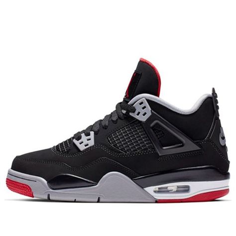 The Air Jordan 4 Retro OG GS 'Bred' 2019 is a celebration of the iconic model's 30th anniversary. The shoe features the popular black, Cement Grey, Summit White and Fire Red colorway, which was worn by MJ when he hit 'The Shot' in the 1989 NBA Playoffs. The kids' shoe stays true to the original, with its nubuck upper with mesh-netted overlays and Nike Air branding on the heel. Visible Air and an outsole with a multidirectional traction pattern finish the style. Tenis Jordan Retro, Jordan 4’s, Nike Air Jordan 4 Retro, Red Jordans, Nike Air Jordan 4, Jordan Retro 4, Dr Shoes, Black Jordans, Jordan 4s