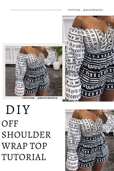 Off shoulder wrap top tutorial with balloon puff sleeves Wrap Top Tutorial, Off Shoulder Wrap Top, Ankara Wrap Top, Wrap Top Sewing Pattern, Wrap Top Outfit, Off Shoulder Diy, Wrap Top Pattern, Puff Sleeve Pattern, Top With Puffy Sleeves