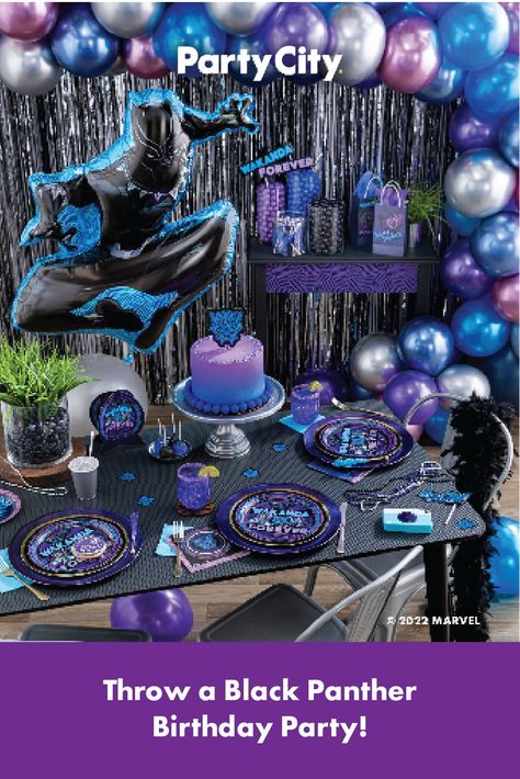 Wakanda Forever Party Ideas, Birthday Party Black Panter, Black Panther Balloon Decorations, Black Panther Birthday Party Decorations, Black Panther Balloon Garland, Black Panther Themed Birthday Party, Wakanda Forever Birthday Party, Black Panther Party Decorations, Wakanda Forever Party Theme