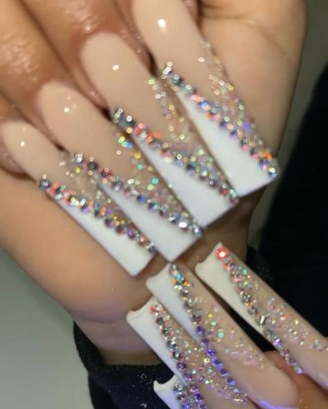 Long Acrylic Birthday Nails Ideas, Rhinestone Nails Ideas, Long Nail Designs With Rhinestones, Acrylic Nail Designs Rhinestones, Prom Nails With Rhinestones, Prom Nail Sets, Birthday Nail Ideas Acrylic Long, Long Square Acrylic Nails Designs Bling, Birthday Acrylic Nails Coffin