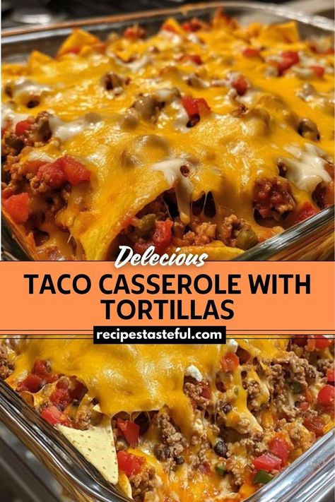 Taco Casserole with Tortillas combines the flavors of classic tacos into a convenient and satisfying layered casserole. Ground beef is seasoned with taco spices, layered with tortillas and cheese, and baked until bubbly and golden. Casserole With Tortillas, Taco Casserole With Tortillas, Tortilla Casserole Recipes, Nachos Supreme Recipe, Mexican Tortilla Casserole, Taco Spices, Casserole Ground Beef, Beef Taco Casserole, Nachos Supreme