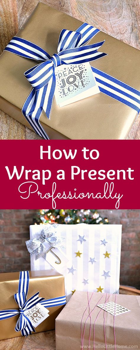 How to Wrap a Present Professionally ... with video! Wrap gifts like a pro with this easy tutorial that shows you how to wrap a present perfectly step by step. These easy gift wrapping tips work for any size box. Follow this simple present wrapping tutorial for beautifully wrapped presents every time. The best way to wrap a present! Plus, tips for wrapping oddly shaped gifts. | Hello Little Home #giftwrapping #giftwrap #giftwrappingideas #wrapping #wrappingideas #wrappingpresents How To Wrap Cakes For Gifts, How To Wrap The Perfect Gift, Professional Gift Wrapping Techniques, How To Perfectly Wrap A Present, Wrapping Presents How To, How To Wrap Presents Like A Pro, Best Way To Wrap Presents, Professional Gift Wrapping, How To Wrap A Christmas Present