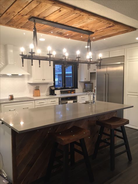 Wood Ceiling Above Dining Table, Wood Celing Light, Wood On Kitchen Ceiling, Wood Ceiling Above Kitchen Island, Beam With Lights Over Island, Above Bar Lighting, Farmhouse Island Chandelier, Light Box Over Kitchen Island, Diy Island Light Fixture