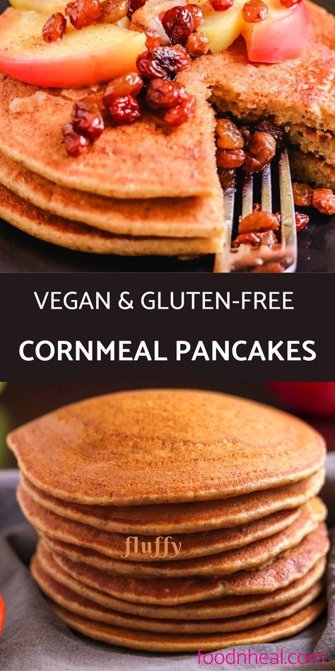 Enjoy these fluffy oatmeal & cornmeal gluten-free and vegan pancakes. They are sugar-free making them super healthy. It's an easy recipe to make...#pancakes #pancakerecipe #fluffypancakes #breakfastrecipes #glutenfreepancakes #veganpancakes #healthypancakes Pescatarian Diet Recipes, Gluten Free Cornmeal Pancakes, Fluffy Oatmeal, Vegan Gluten Free Pancakes, Cornmeal Pancakes, Vegan Gluten Free Breakfast, Pescatarian Diet, Make Pancakes, Vegan Cheese Recipes