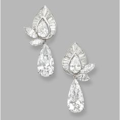 PAIR OF DIAMOND PENDANT-EARCLIPS, HARRY WINSTON. The pear-shaped diamond pendants weighing 5.04 and 5.00 carats, the tops set with pear-shaped diamonds weighing 1.85 carats, marquise-shaped diamonds weighing 1.87 carats, and baguette diamonds weighing 2.13 carats, mounted in platinum, the tops signed Winston, numbered A2109, pendants were custom made for the owner Harry Winston Pendant, Diamond Earrings Harry Winston, Harry Winston Earrings, Pear Diamond Earrings, Harry Winston Jewelry, Ruby Rings, Diamond Pendant Sets, Diamond Pendants, Ear Clips