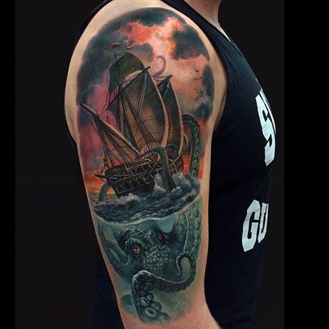 Had a great time at the @evergreentattooinvitational this weekend. Worked… Orion Tattoo, Ship Tattoo Sleeves, Pirate Ship Tattoos, Underwater Tattoo, Pirate Ship Tattoo, Kraken Tattoo, Pirate Tattoo, Octopus Tattoos, Tattoo Inspiration Men