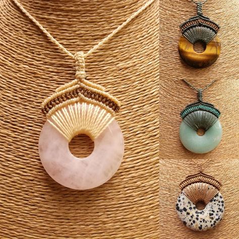 Macrame gemstone donut pendants available in my Etsy shop. They look great on their own or combined with other necklaces for a cool layered… Donut Stone Necklace, Words Jewelry, Donut Jewelry, Macrame Gemstone, Bohemian Ideas, Gem Hunt, Vintage Jewelry Diy, Wire Wrapped Stone Jewelry, Macrame Bracelet Patterns