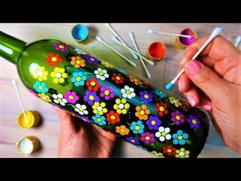 SUPER EASY Qtip Bottle Painting Rainbow Dot Flowers | How To with Lydia May - YouTube Dot Flowers, Painting Rainbow, Painted Glass Bottles, Glass Bottle Diy, Diy Glass Bottle Crafts, Crafts Easter, Glass Bottles Art, Wine Bottle Art, Wine Bottle Diy Crafts