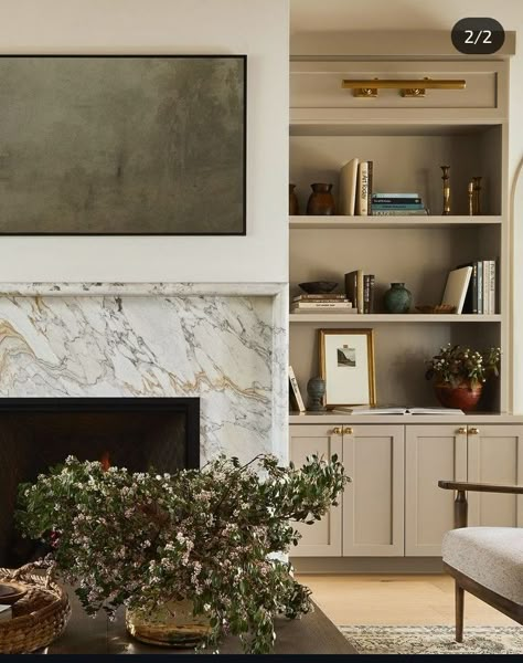 Ashley Montgomery, Calm Living Room, Fireplace Bookcase, Fireplace Bookshelves, Marble Fireplace Surround, Built In Shelves Living Room, Living Room Built Ins, Custom Home Building, Fireplace Built Ins