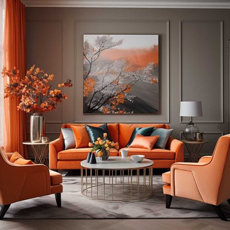 15+ Lively Orange Living Room Ideas for a Modern Home • 333+ Images • [ArtFacade] Orange Living Room Ideas, Grey And Orange Living Room, Living Room Decor Orange, Burnt Orange Living Room, Orange Living Room, Grey Walls Living Room, Wall Painting Living Room, Color Palette Living Room, Cream Living Rooms