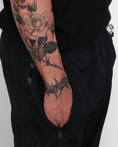 Men’s Flower Tattoo Sleeve, Men’s Arm Flower Tattoo, Mens Dark Sleeve Tattoo, Flower Vine Tattoo Arm Sleeve Men, Rose Around Arm Tattoo, Rose Bush Tattoo Men, Rose Thorn Sleeve Tattoo, Vines Hand Tattoo Men, Men Roses Tattoo