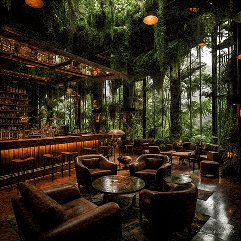 Biophilic Bar Design, Jungle Theme Restaurant Interior Design, Restaurant Ceiling Design Modern, Interior Design Rustic Modern, Rustic Modern Restaurant, Counter Bar Design, Rainforest Restaurant, Lounge Bar Interior, Forest Lounge