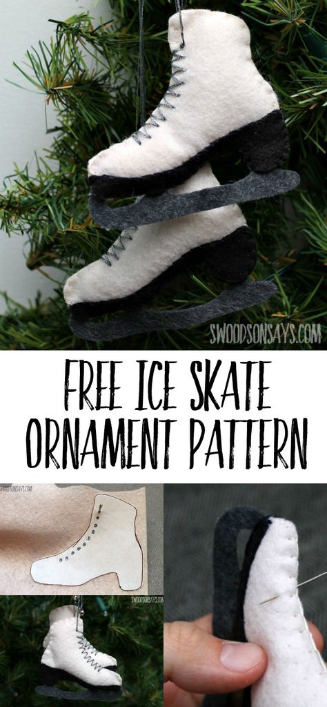 Free Felt Ice Skate Ornament Pattern - sew this stuffed ice skate sewing pattern and hang it from your Christmas tree! Make a super cute DIY ice skate Christmas ornament with this easy tutorial and free PDF pattern. #ornament #Christmas #felt #diyornament #christmascrafts Ice Skate Ornaments, Christmas Ice Skates, Christmas Sewing Projects, Ice Skate, Ornament Pattern, Ice Skates, Felt Patterns, Felt Decorations, Felt Christmas Ornaments