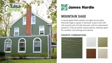 Mountain Sage Green: James Hardie Siding Color Combinations James Hardie Mountain Sage Siding, Mountain Sage Exterior, Mountain Sage Hardie Siding, Hardie Mountain Sage, Hardie Board Siding Colors, Siding Color Combinations, Sage Green House Exterior, Green Vinyl Siding, James Hardie Siding Colors